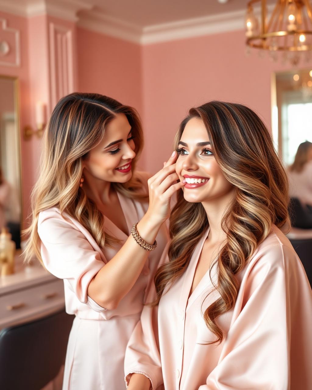 Stylist finishing a client's blowout in a soft pink salon